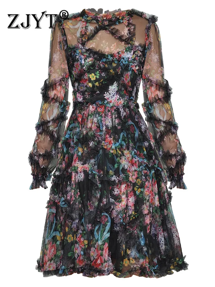

ZJYT весенние Роскошные каскадные оборки цветочный принт марлевые мини платья для вечеринки для женщин Свадебные вечерние сетчатые платья 3XL
