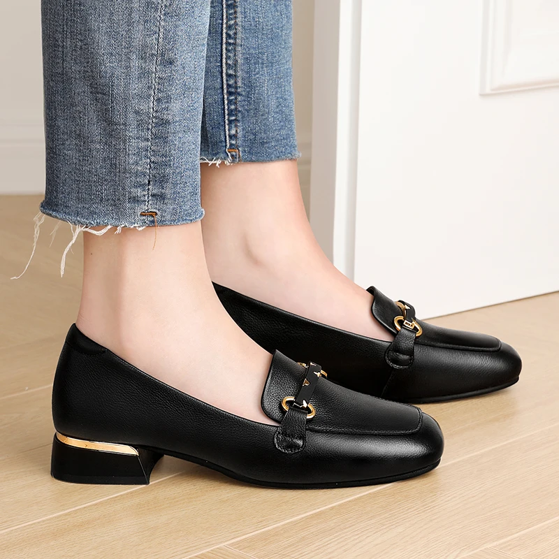 

Platform Shoes Women's Loafers Genuine Leather Metal Chain Decor Wedge Heel for Woman Pumps Shoes for Women 2022 Designer Heels