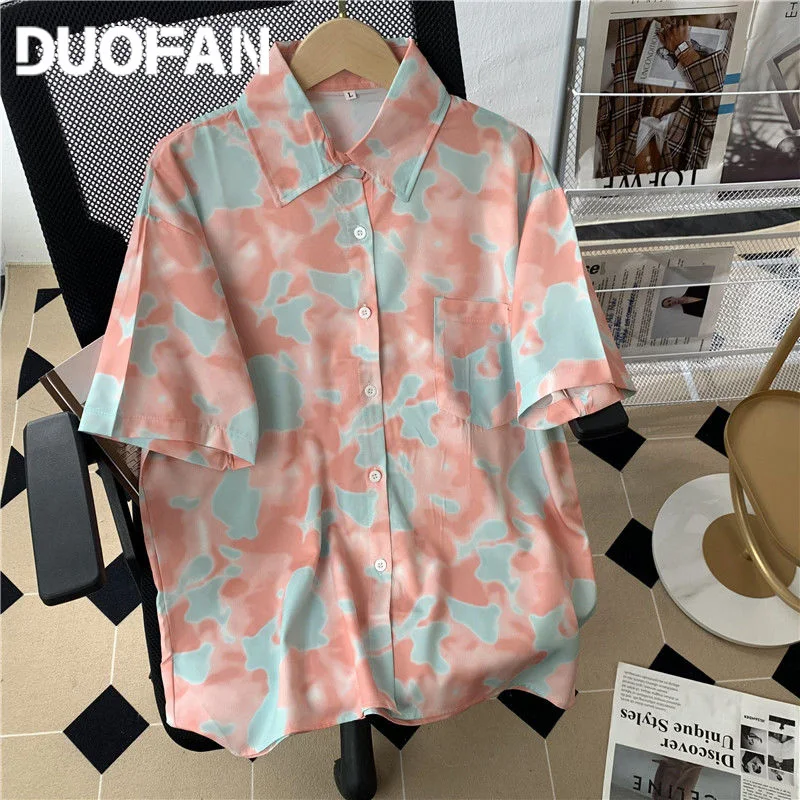 

DUOFAN Shirts Female Summer Colorful Printed Fashion Ulzzang Blouse Women Retro Casual Streetwear Holiday Chic Unisex Tops