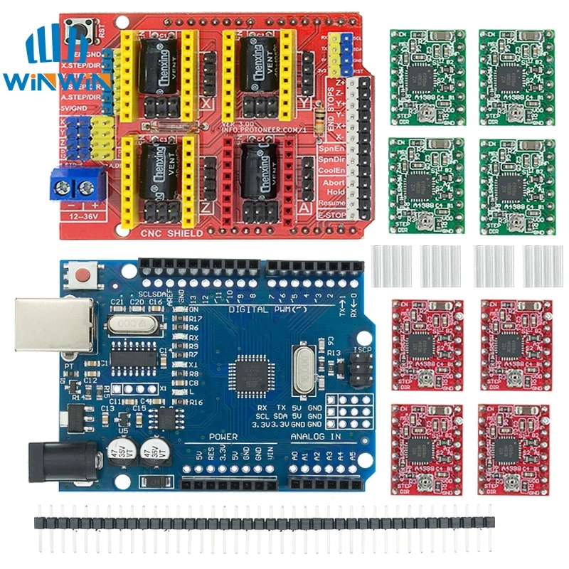 

ЧПУ щит V3 гравировальный станок 3D печать + UNO R3 + 4 шт. A4988 Плата расширения драйвера для Arduino