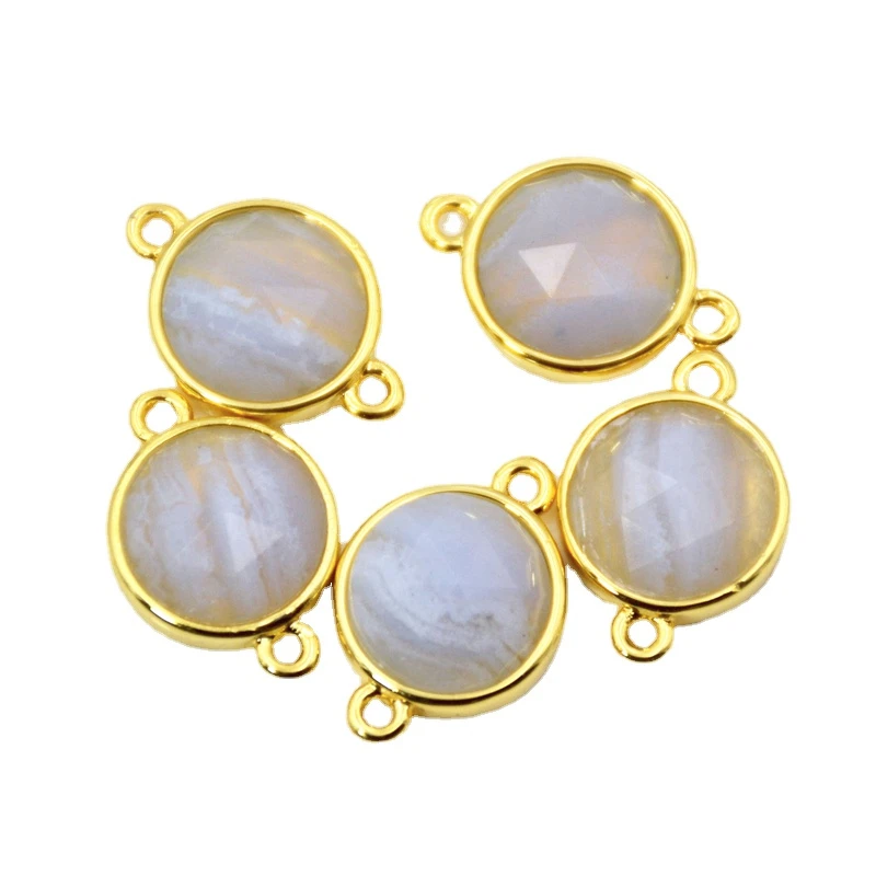 

New Arrival 16mm Round Blue Lace Agates Stone Connector Healing Crystal Double Bail Charm Pendant with Electroplated Gold