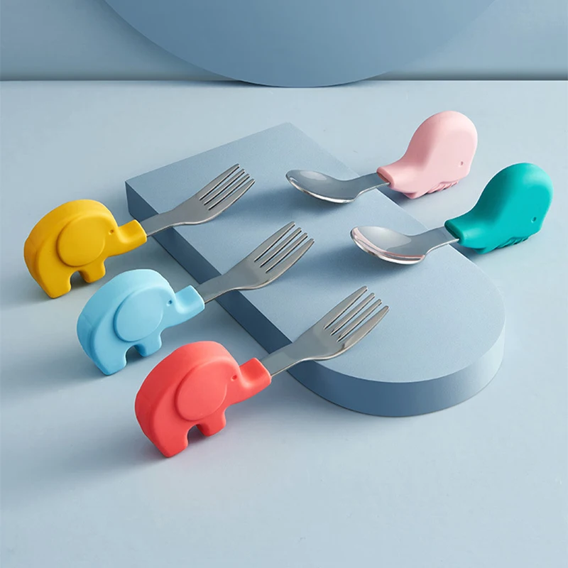 

Baby Tableware Stainless Steel Feeding Spoon Fork Kids Safety Plastic Handle Children Learning Training Eating Utensils Gadgets