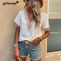 casual fashion hollow out patchwork solid shirt spring summer 2022 new v neck short sleeve loose pullovers tops womens clothing
