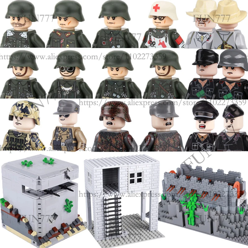 Немецкие фигурки MOC WW2, строительные блоки, офицер, солдаты, пистолеты 98K MP40, оружие, аксессуары, военный форт, строительные блоки, игрушки D408