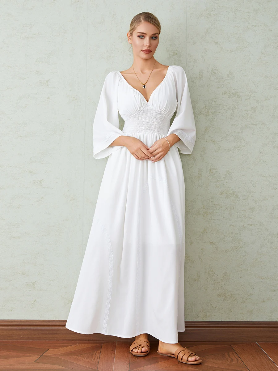 

Spring Fall 3/4 Sleeve Dress Women Casual Solid Color Flowing A-Line Party Long Dress for Beach Cocktail Club Streetwear