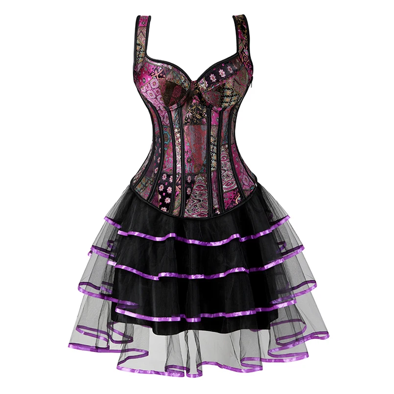 Купи Gothic Corset Dress Plus Size Corset with Straps Mini Skirt Lace Women Costume Carnival Jacquard Corset Dress Purple Black White за 1,372 рублей в магазине AliExpress