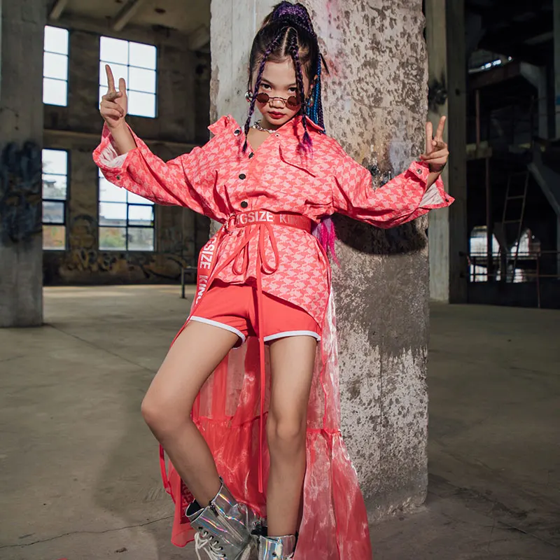 

New Girls Red Jazz Dance Suit Long Sleeve Jacket Trailing Yarn Modern Street Dance Hip Hop Stage Performance Costumes 2021
