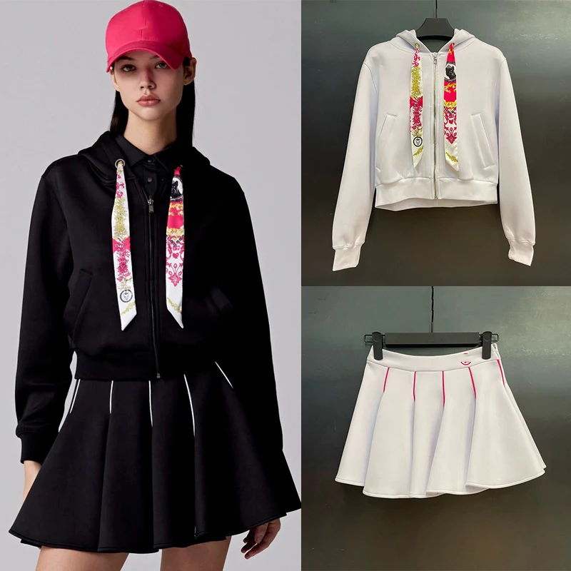 

Autumn And Winter South Korea Golf Clothing Women's Hooded Drawstring Long Sleeve Sports Jacket High Waist Shaggy Pleated Skirt