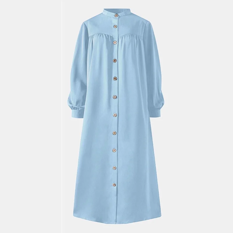 Ramadan Solid Long Sleeve Muslim Hijab Shirt Dress Casual Pocket Abaya Dubai Formal African Dresses for Women Islamic Clothing