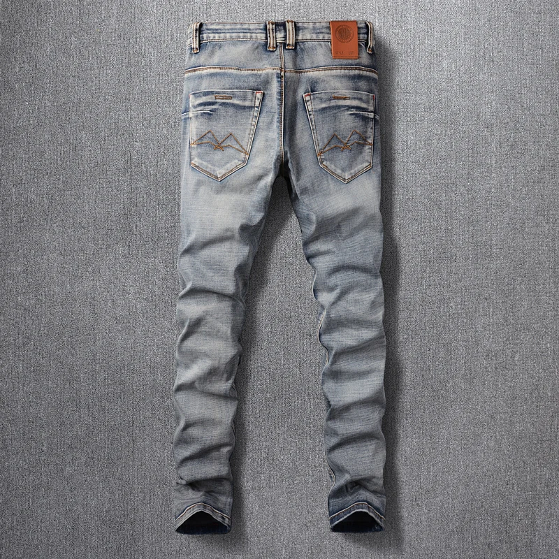 Fashion Vintage Men Jeans Retro Blue Elastic Slim Fit Ripped Jeans Men Straight Trousers Embroidery Designer Denim Pants Hombre