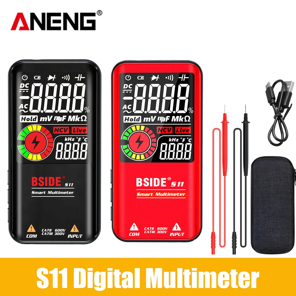 

BSIDE Multimeter S11 Color LCD 9999 Counts Digital Multimeter with Rechargeable Battery Smart DC AC Voltage Capacitor Tester Red