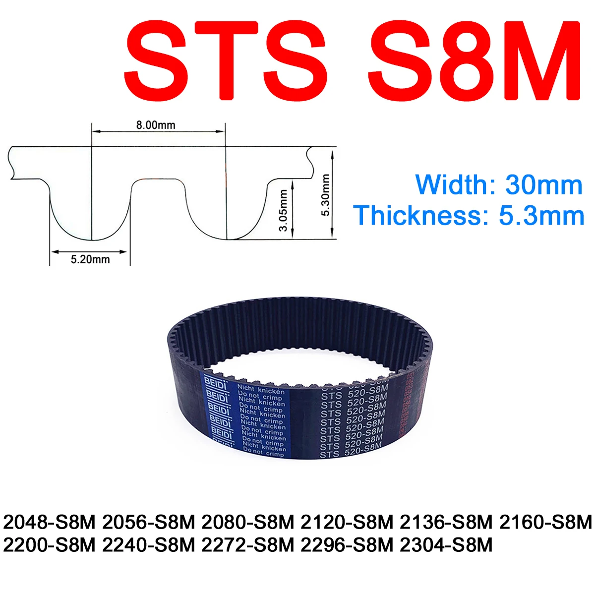 

1Pc Width 30mm S8M Rubber Arc Tooth Timing Belt Pitch Length 2048 2056 2080 2120 2136 2160 2200 2240 2272 2296 2304mm Drive Belt