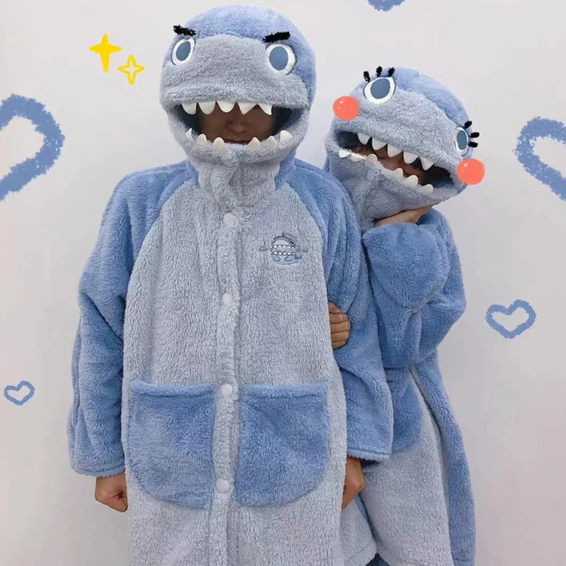 Winter Warm Pajamas Set Hooded Shark Cosplay Nightgown Women Loungewear Cute Animal Fleece Sleepwear Flannel Home Suit Nightwear
