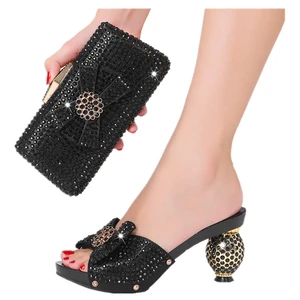 2022 High Quality African Nigeria Summer Ladies High Heel Slippers Fashion Mature Slippers and Bags Set