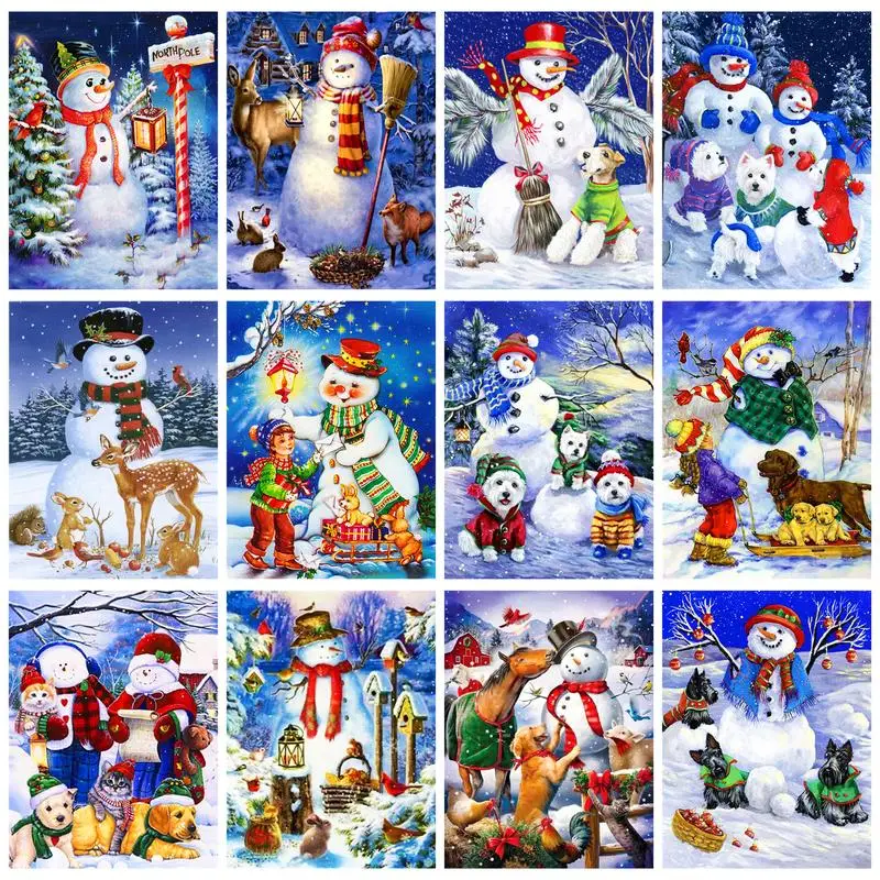 

CHENISTORY Full Round Square Diamond Painting With Frame Snowman Mosaic Art Home Decors Handmade Paint Kit Winter Landscape