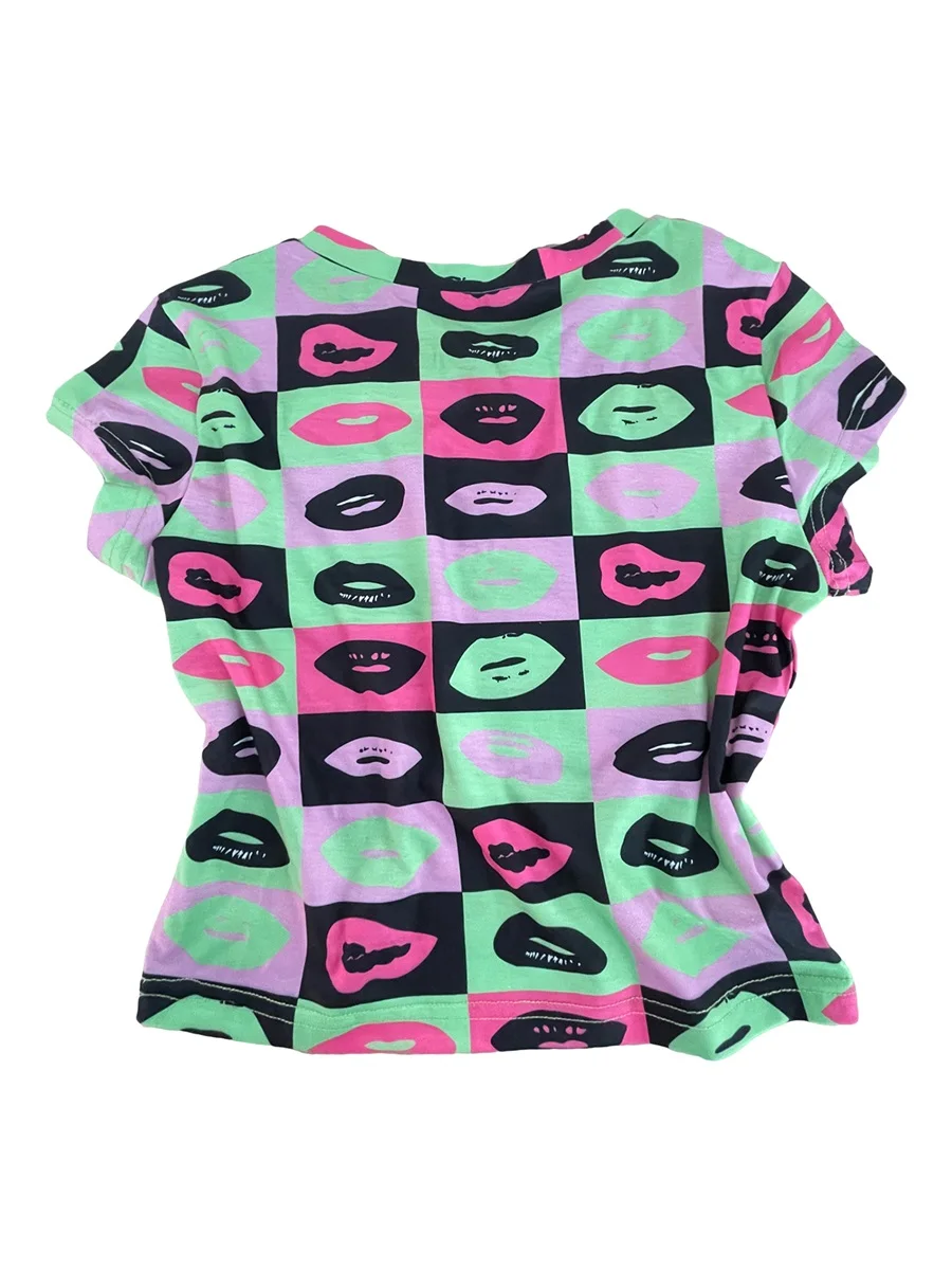 

Укороченный женский топ с принтом губ в стиле ретро, летняя облегающая футболка с коротким рукавом и круглым вырезом для E-girl, уличная мода 2023