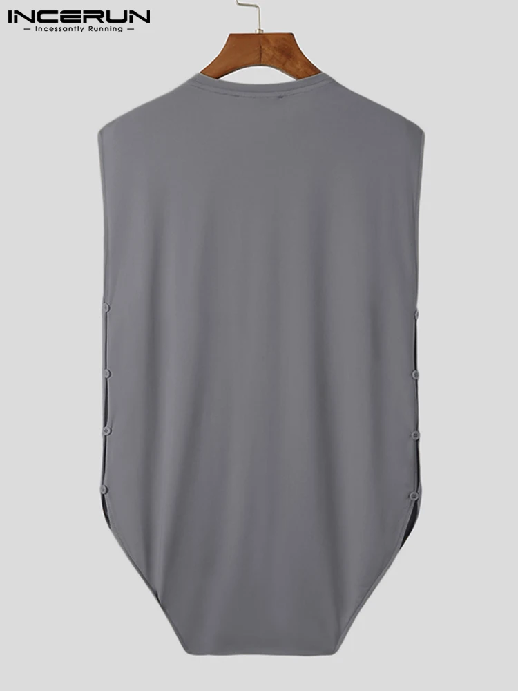 INCERUN Solid Color Men Bodysuits Pajamas O-neck Sleeveless 2023 Bodysuit Breathable Button Homewear Casual Men Rompers S-5XL