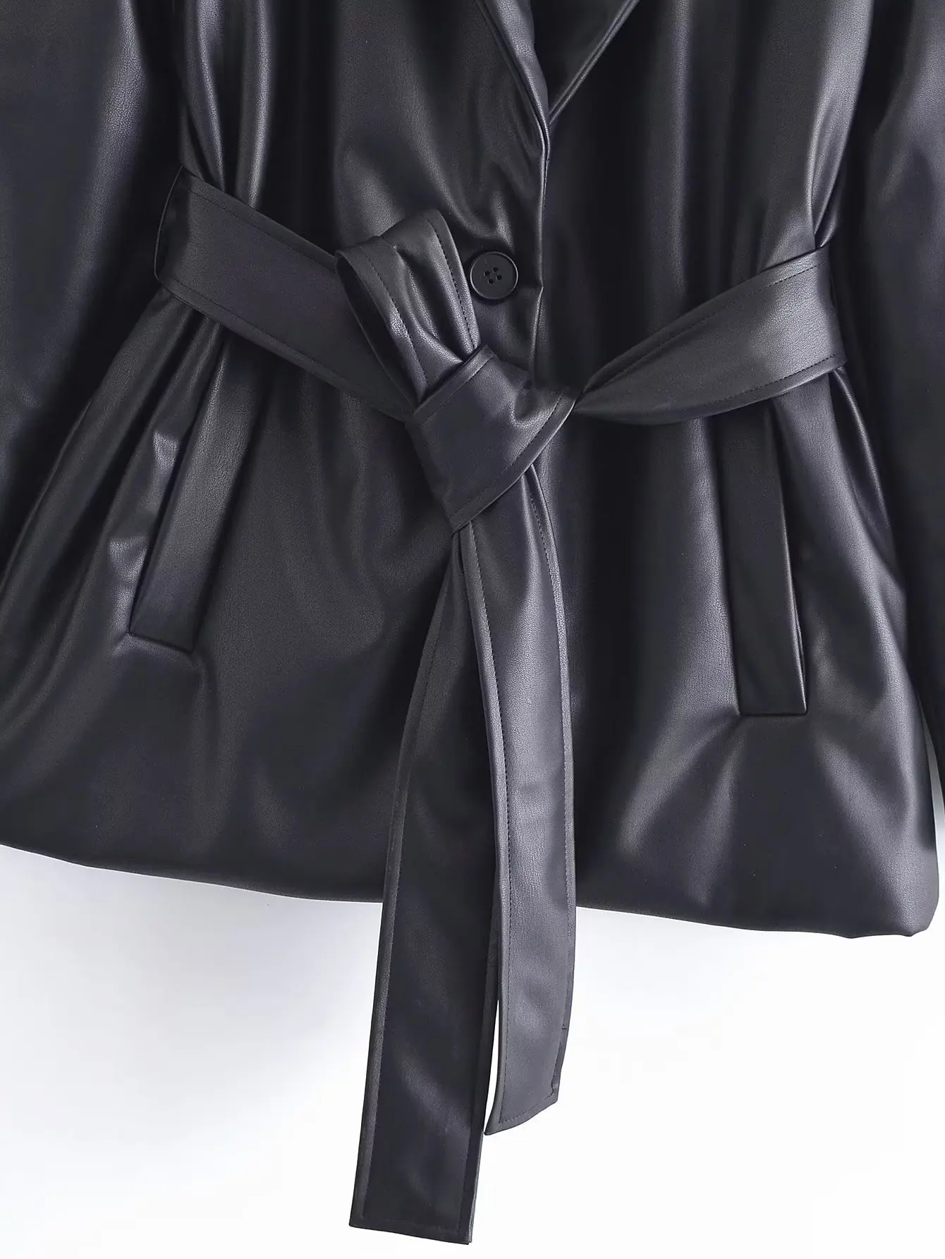 SLTNX Winter 2022 Women Leather PU Jacket Coats Black Long Sleeve with Pockets Lace Up Jackets Ladies Casual Warm Heavy Coats