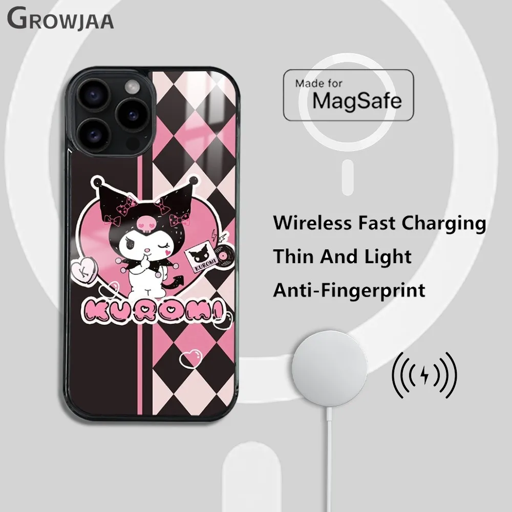 Чехол для телефона Kuromi Pink Check Magsafe iPhone 15 14 13 12 11 Pro Max Plus мини-зеркало беспроводная