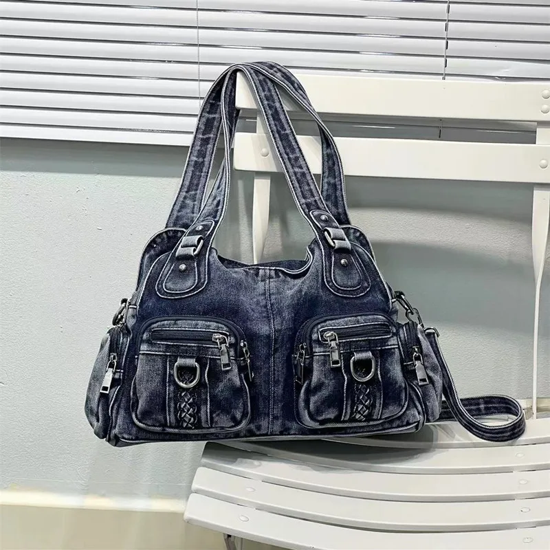 Женская джинсовая сумка в стиле панк голубая плетеная Сумочка через плечо с