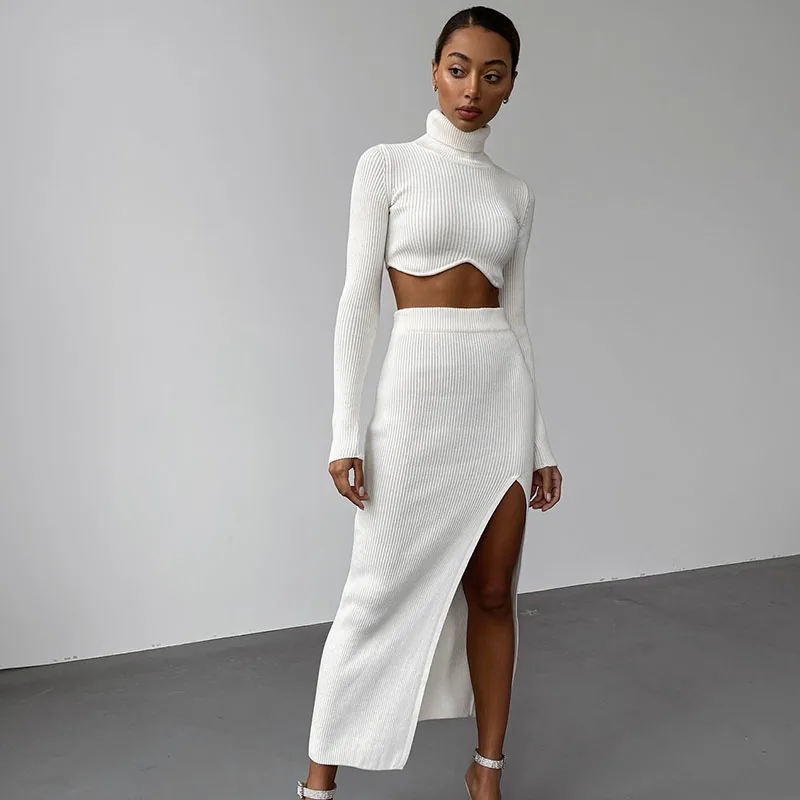 Купить: Sexy Knit Rib Skirt Sets for Women Club Outfit Long Sleeve  Turtleneck Irregular Crop Top and High Split Midi Skirt Matching Sets, со  скидкой 17.62 рублей