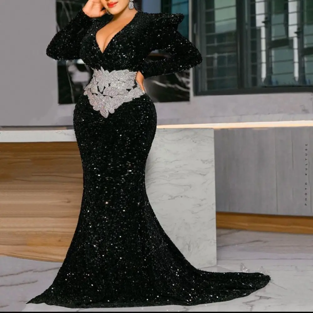 

Sexy Deep V Neck Plus Size Evening Dresses Mermaid Prom Dress For Women Sequin Black Party Gowns robe de soirée de mariage
