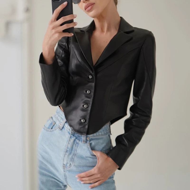 Women's 2022 Winter Fashion Trend New Long-sleeved Suit Collar Slim Cardigan PU Leather Single-breasted Temperament Short Top