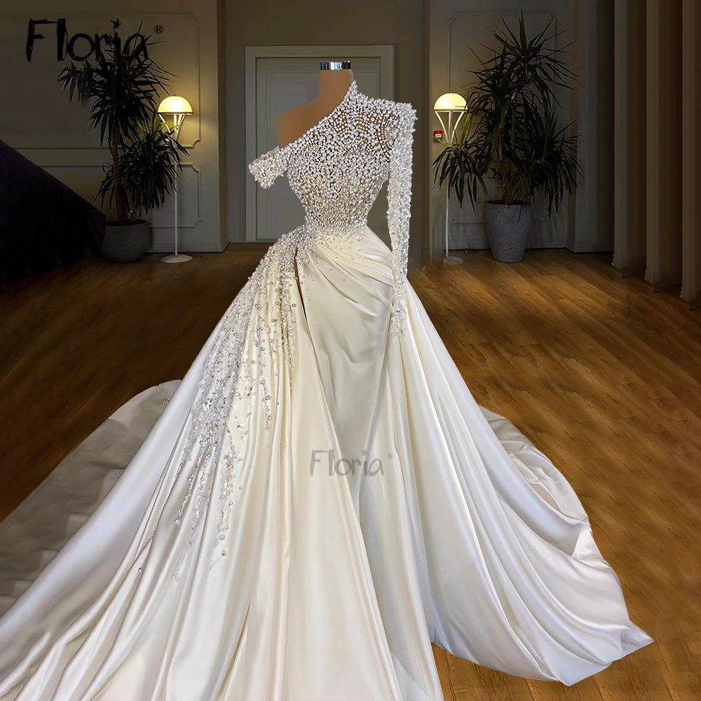 

Luxurious Pearls Beads Satin Wedding Dress 2022 Arabic Sweep Train Elegant Mermaid Custom Made Plus Size Bridal Robes Plus Size