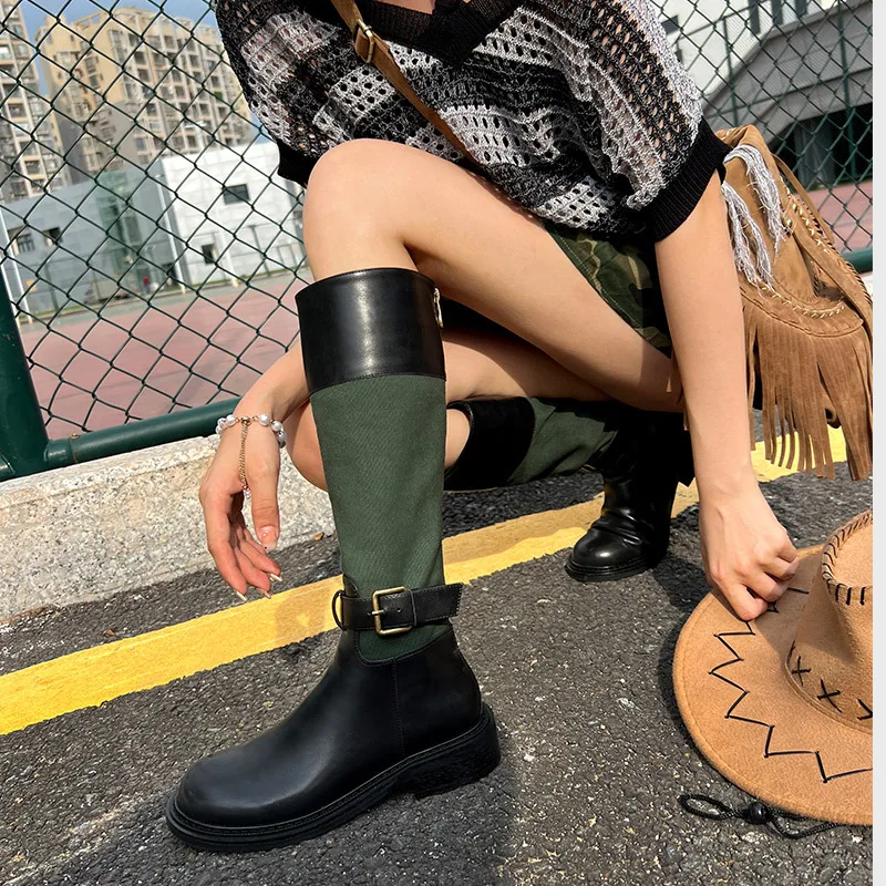 

Fashion Leather Women Knee High Boots Western Style Assorted Colors Cowboy Round Toe Knee High Pull on Boots Ladies Botas