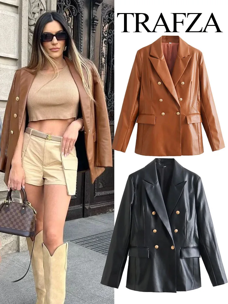 

Женский мотоциклетный Блейзер TRAFZA, повседневный теплый кардиган из искусственной кожи, куртка для осени и зимы, Y2K