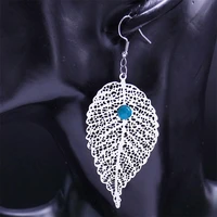 leaf shape ethnic dangle earrings stainless steel hollow silver color boho blue stone earring jewelry accessories gifts ed01s04