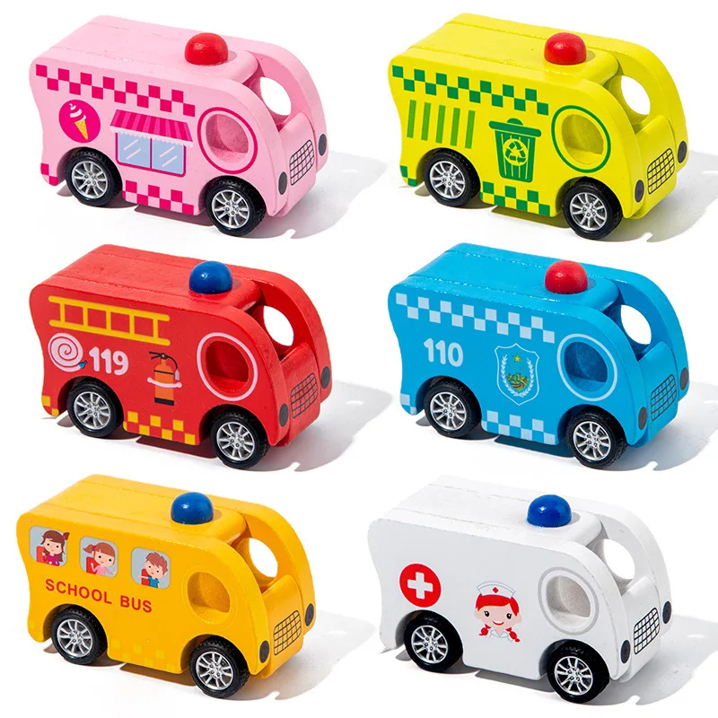 

6Pcs Set Children's Wooden Pull back Car Toy Miniature Sliding Racing Game Baby Puzzle Wooden Toy Inertial Vehicles Fun Gifts
