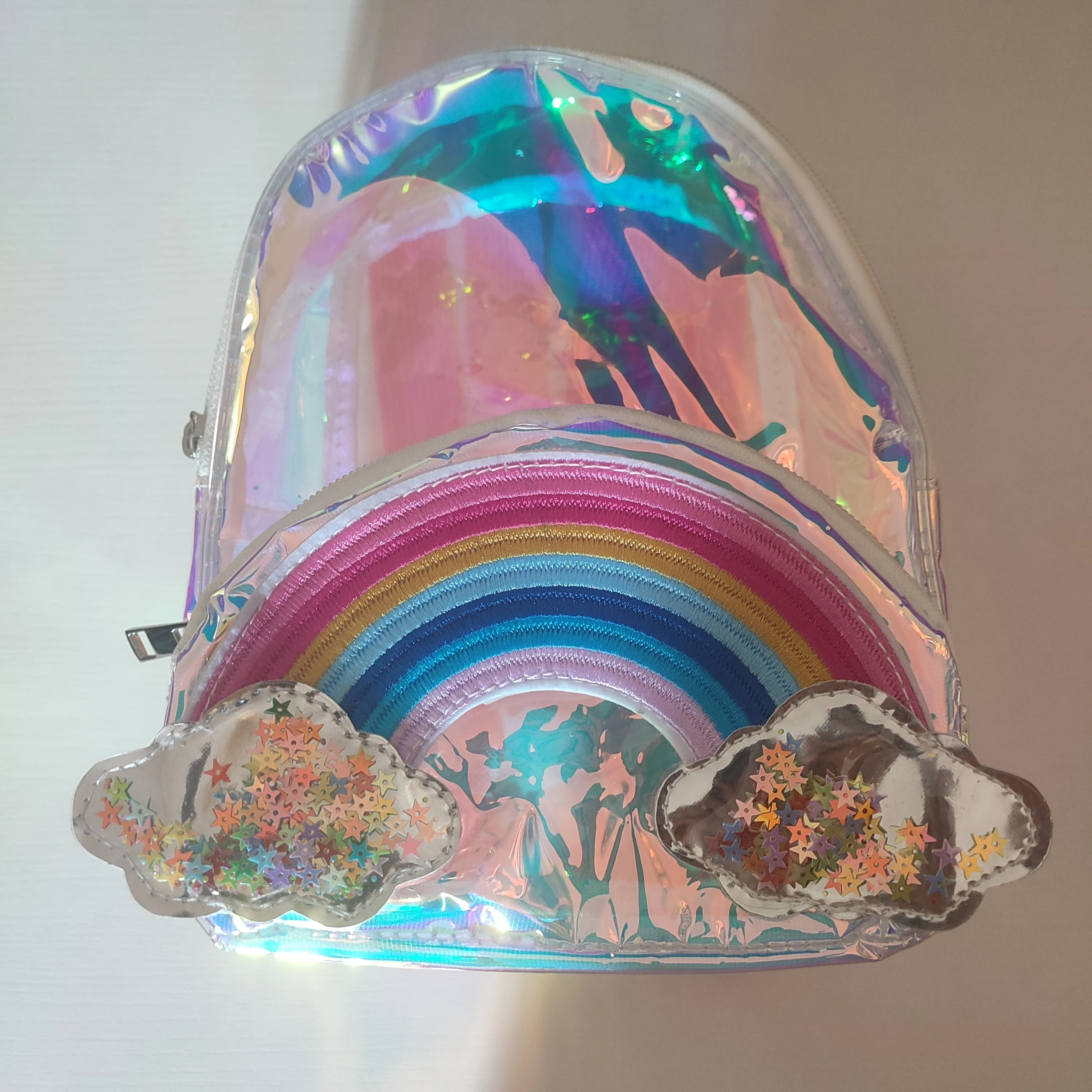 

2022 New Lovely Large Capacity Transparent PU Backpacks Children Kindergarten Rainbow Cloud Decoration Girls Colorful School Bag