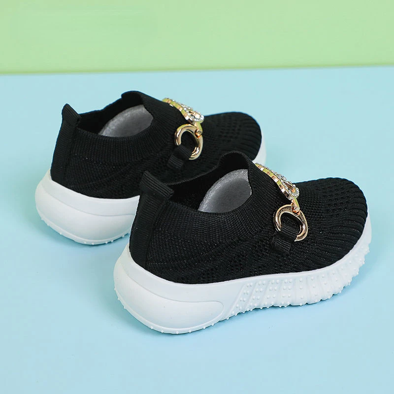 Soft Bottom Non Slip Toddler Kids Running Shoes Metal Chain Girls Sport Shoes Heart Mesh Knitted Breathable Children Sneakers