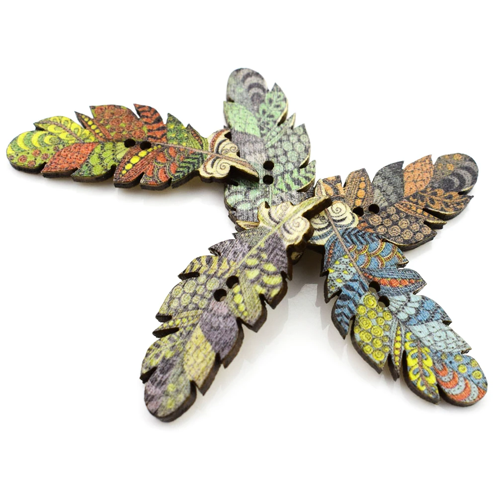 

50PCS 40MM 2 Hole Wood Buttons Feather Pattern Button Vintage Decorative Sewing Buttons for Scrapbook Handmade Craft Supplies