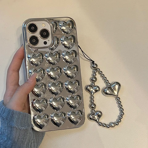 Стильный серебристый телефонный чехол с 3D сердечком для iphone 13, 12, 11 Pro, XS MAX, MiNi, XR, 7, 8 plus, SE2020, корейский чехол для телефона с любовным браслетом