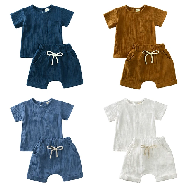 2023 Summer Toddler Baby Clothes Short Sleeve Elastic Shorts Breathable Cotton Suit For 0-24M Infant Boy Girl Solid Outfits 2