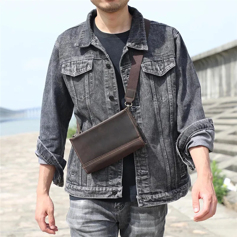 Fashion retro crazy horse cowhide men's clutch bag outdoor mobile phone business card holder card long 2 zippers messenger bag