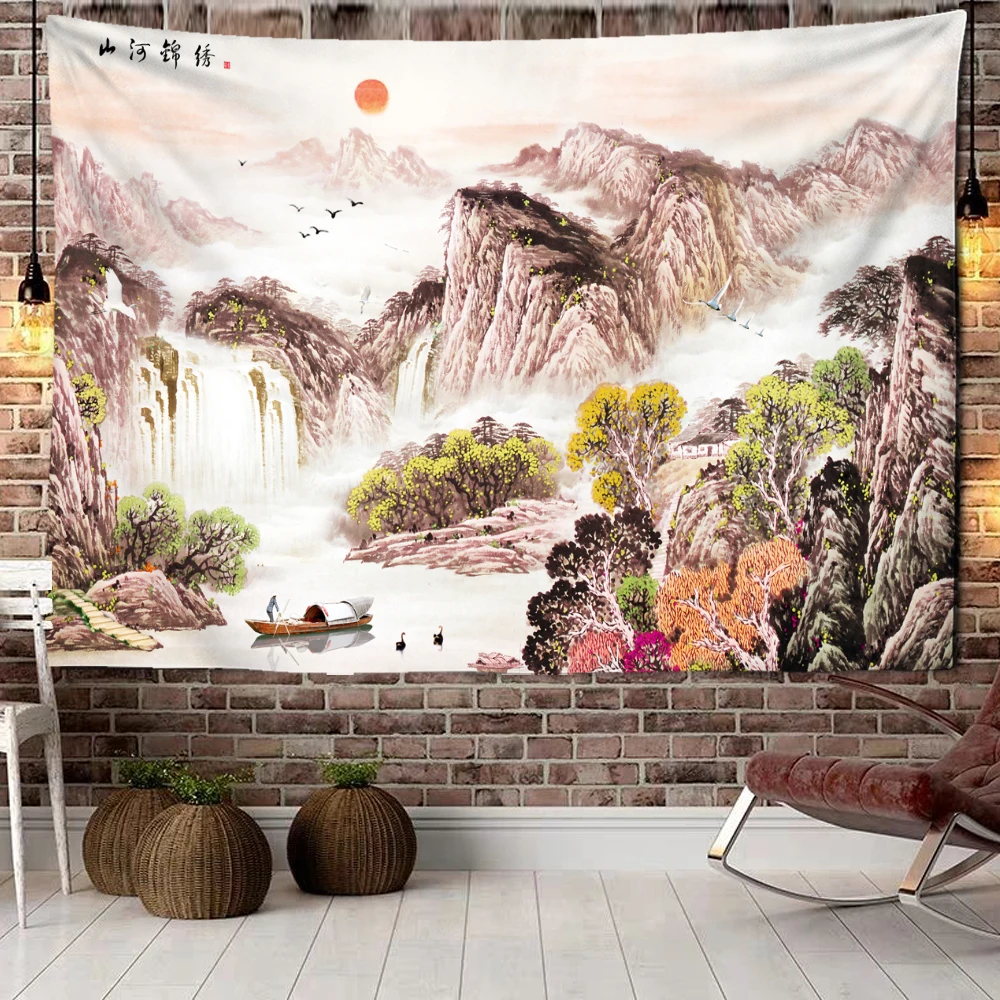 

Nature Landscape Tapestry High Mountain with Waterfall Birds Sunset Flower Wall Hanging for Home Wall Decoration Sheet Blanket