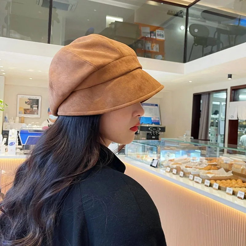

Suede pile hat, women's big head, round face, small French beret, long front, short back, irregular duck tongue octagonal hat