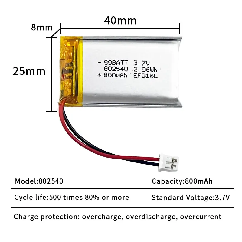 Литий-полимерный аккумулятор 802540 3.7V 800mAh 2.9Wh, перезаряжаемые литиевые батареи Lipo с разъемом PH2.0 для атомайзера, дефростера, рекордера, смарт-устройств (art.: 3920d8eb69e45) - 3920d8eb69e45