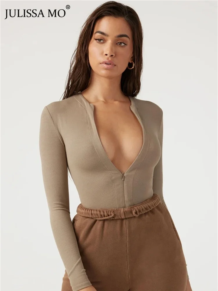 

Julissa Mo 2022 Autumn Slim Long Sleeve Solid Bodysuit Zipper Jumpsuit Body Fashion Street Wear Female Skinny Women Romper