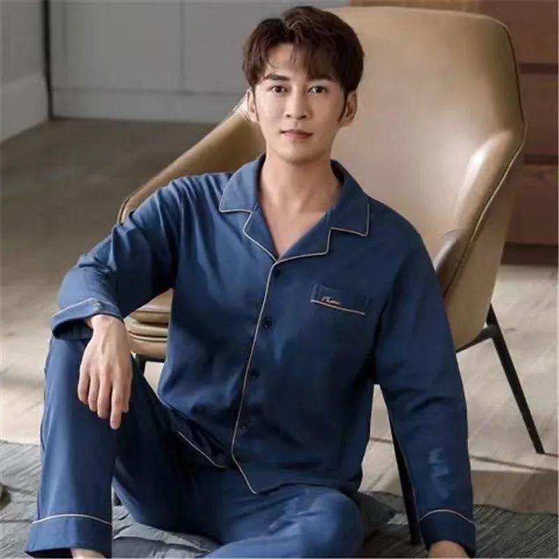 Autumn Men's Pure Cotton Pajamas Sets Plus Size L-4XL  Sleepwear Casual Sleep&Lounge Long Sleeve Long Pants Pyjamas Homewear