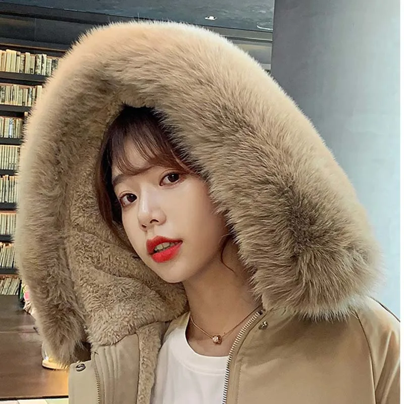 Teenage Girls Thick Fleece Parkas for Korean Style Fashion Trends Winter Clothing Women Camel Fur Collar Hooded Puffer Jackets