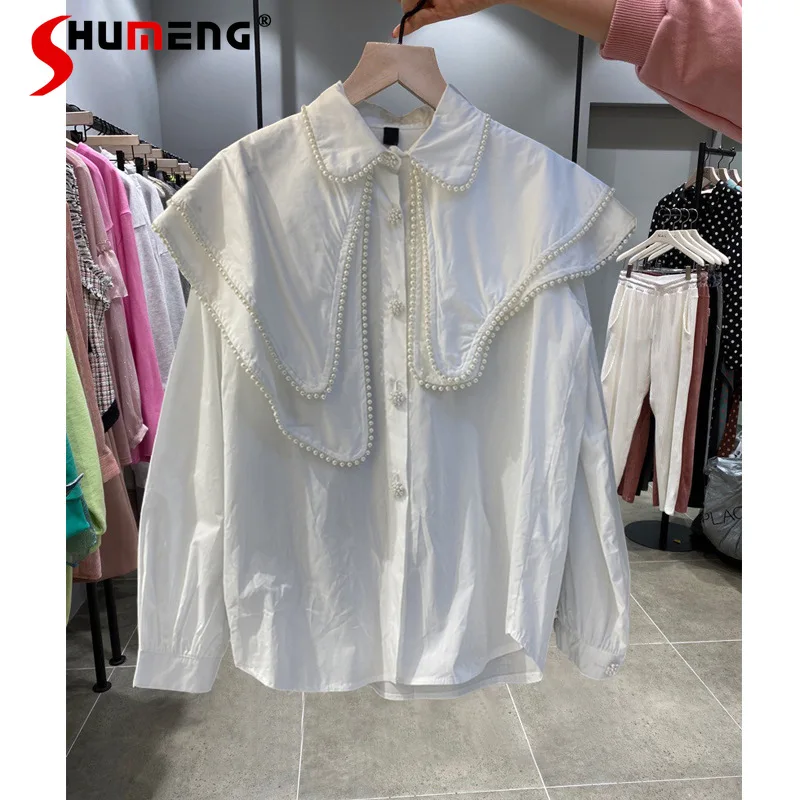 

Korean 2022 Spring New Ladies Sweet Court Style Slimming Blouses Women Fashion Elegant Double-Layer Beaded Doll Collar Shirt Top