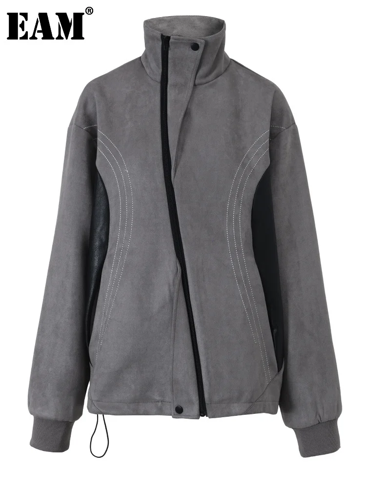 

[EAM] Gray Leather Color-block Big Size Jacket New Stand Collar Long Sleeve Women Coat Fashion Tide Spring Autumn 2023 1DF4379