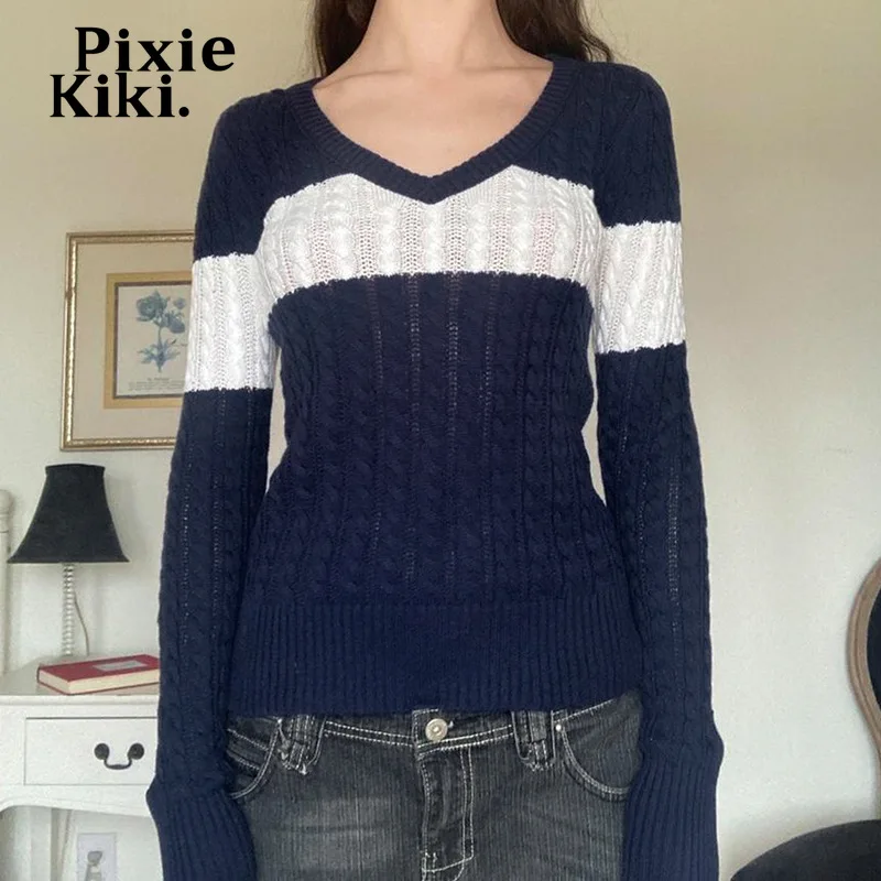 PixieKiki Y2k Cute Knitted Stripe Sweaters for Women Vintage V Neck Long Sleeve Tops Autumn Clothes Women 2022 P67-CI29