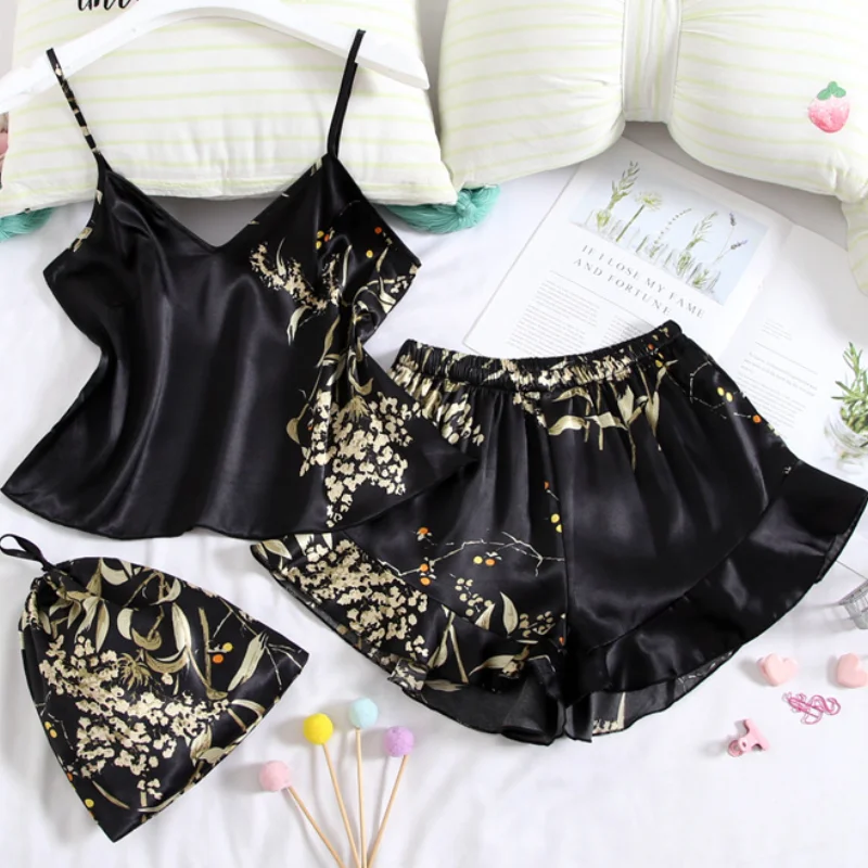 

Sexy Strap Top&Shorts Nightwear Summer Lady Pajamas Suit Sleepwear Print Flower Silky Satin Home Clothes Casual Loose Loungewear