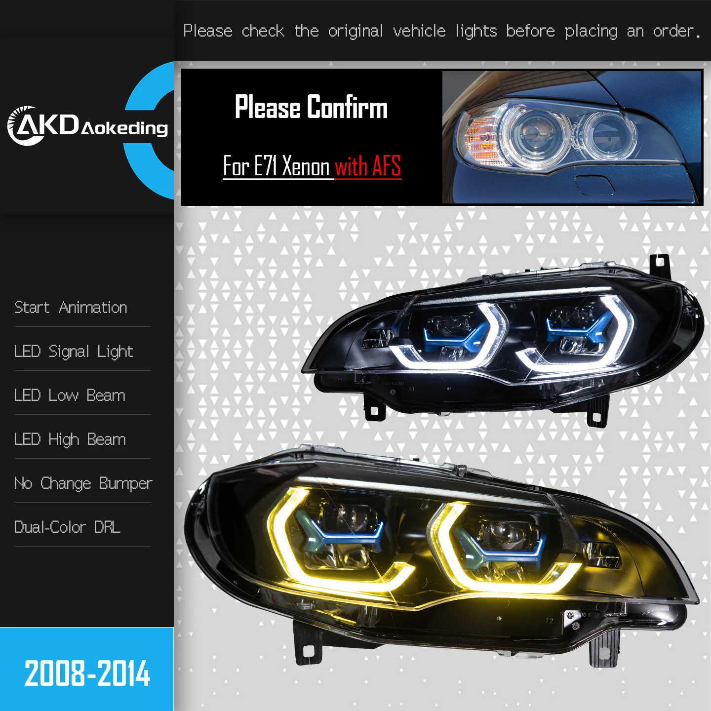 

Фара AKD для BMW X6 E71, светодиодная фара 2008-2014, фары X6 с ДХО, указателями поворота, дальним светом, линзой-проектором Angel Eye