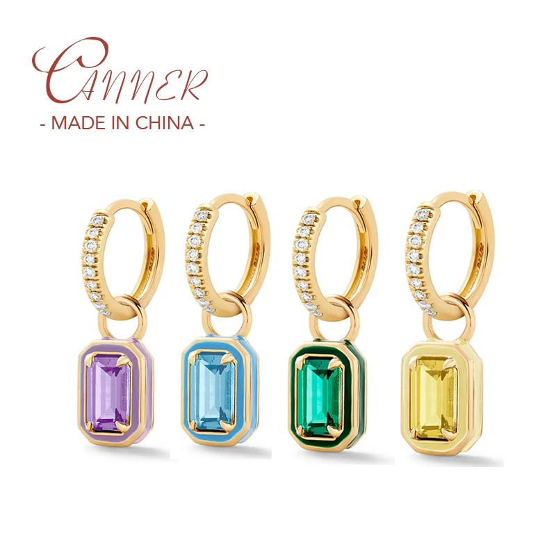 

CANNER Huggie Earring 925 Sterling Silver Square Colorful Enamel Hoop Earring Super Micro Inlaid Zircon Korean Jewerly For Women